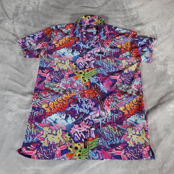 Retro Rifle Graffiti Button Shirt Mens Large Stretch Colorful Art - Picture 5 of 9